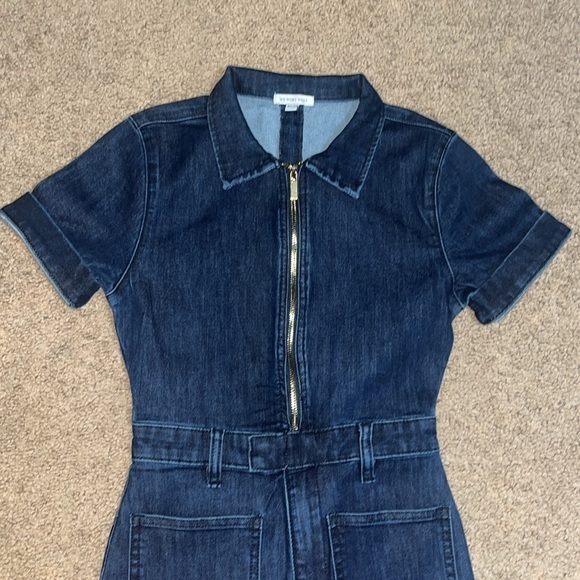 We Wore What Dark Wash Flare Denim Jumpsuit 70’s Boho Zip Up Collared XS - Picture 7 of 15